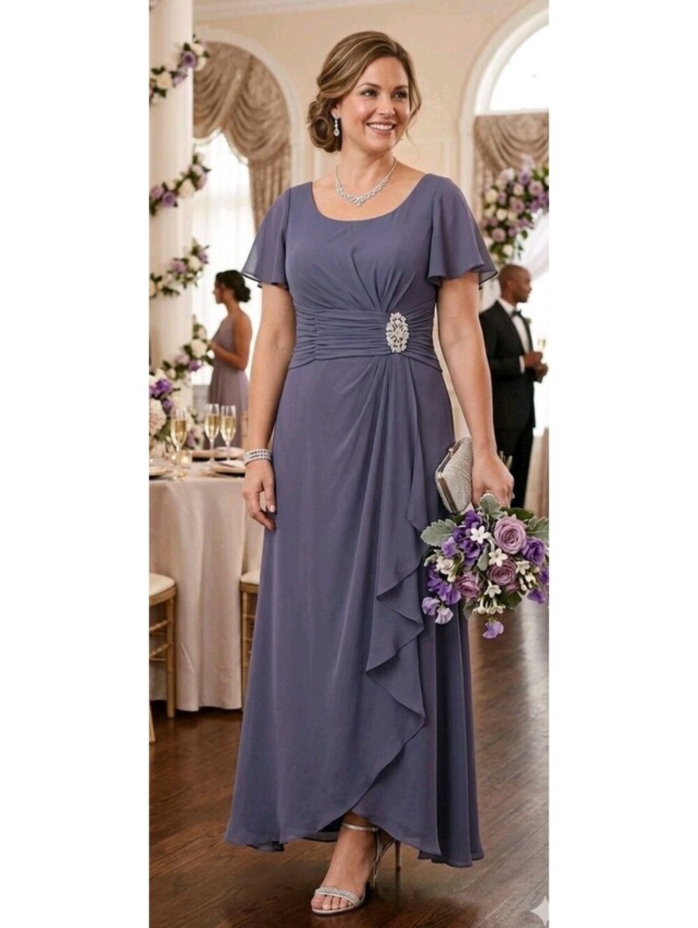 Mother of Bride /Groom Wedding Chiffon Maxi Length V Neck Lace US Size S Blue